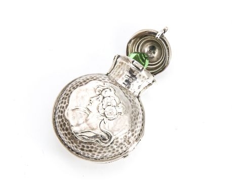An Edwardian silver scent bottle holder, the Art Nouveau hinged case supporting a green scent bottle with stopper (3)silver c