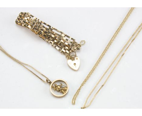 A 9ct gold gate link bracelet with heart shaped padlock clasp, together with a 9ct gold St Christopher pendant on chain, and 