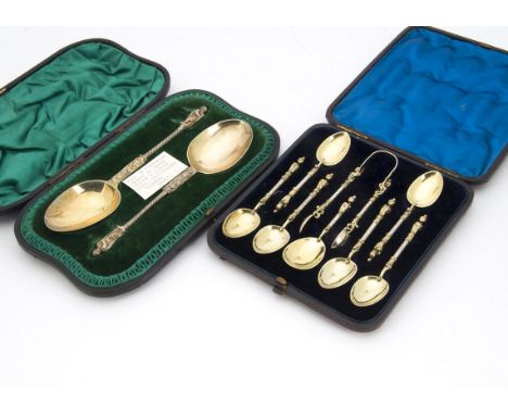 A cased pair of Victorian silver apostle spoons by James Wakely & Frank Wheeler, together with a cased set of Victorian silve