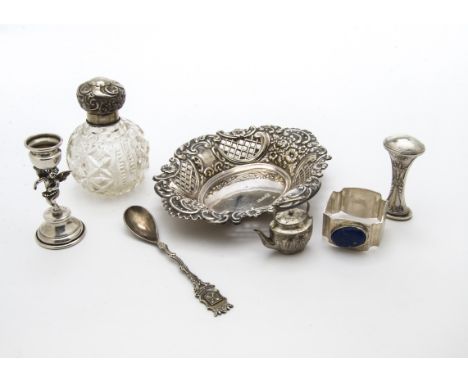 A Victorian silver dish and a hobnail cut glass scent bottle with silver cap, together with a continental desk seal, a silver