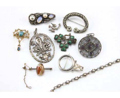 Ten items of Victorian and 20th Century jewellery, including a gold, seed pearl and turquoise Belle Époque brooch cum pendant