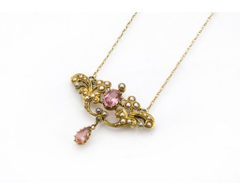 A Victorian 15ct gold amethyst and seed pearl pendant necklace, sold with a Garrard & Co small box (2)some light scratches to