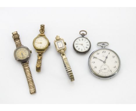 A small Victorian gun metal lady's open faced pocket watch, together with an Art Deco pocket, and three ladies wristwatches (