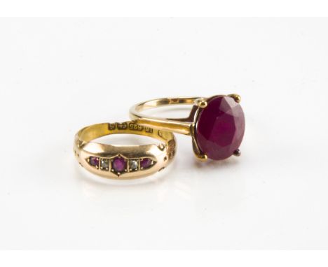 A Victorian 15ct gold ruby and diamond five stone gypsy ring, 2.4g and size N, together with an early 20th Century 9ct gold a