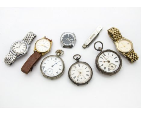 Two Victorian silver open faced pocket watches, AF, together with a base metal example, a silver and mother of pearl pocket k