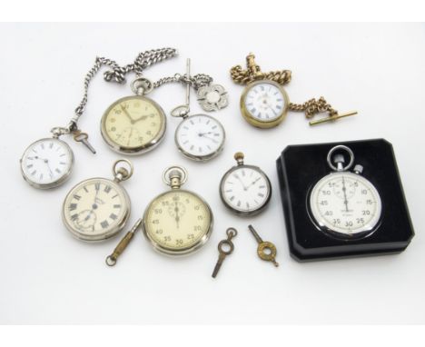 A group of eight late 19th and 20th Century pocket watches and stopwatches, including three silver lady's open faced fob watc