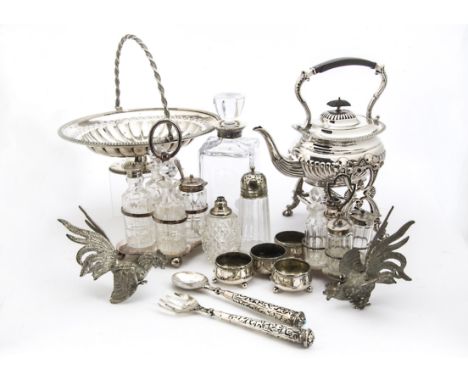 A collection of Victorian and later silver plated items, including a kettle on stand, a tea and coffee set, a set of cauldron