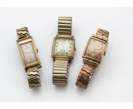 Three Art Deco Benrus gold plated gentlemen's wristwatches, square and rectangular cases, on later expanding straps (3) 