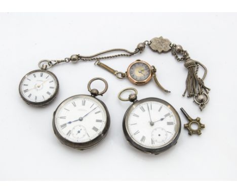 Three Victorian period silver open faced pocket watches, one a lady's marked H. Samuel with chain, and two gents examples, AF