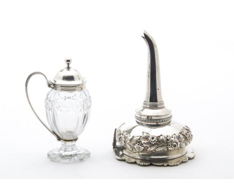 A George III silver wine funnel and a glass and silver mustard pot, gilt bowl with ornate rim, marked W.E or W.F, together wi