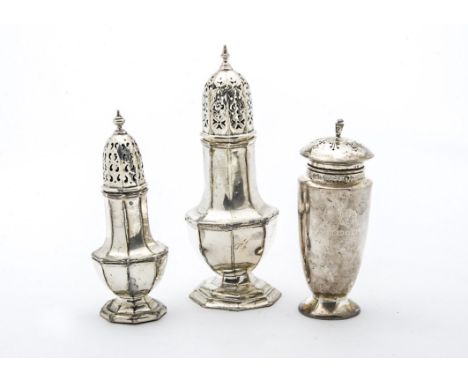 Three Art Deco and later silver sugar sifters, two of typical hexagonal form, and one other tapered example, 12.8 ozt (3) the