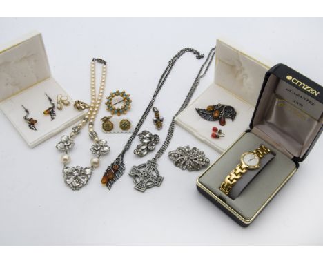 A collection of jewellery, including two 9ct gold rings, 4g, a pair of opal earrings and more, also a gilt Citizen lady's wat