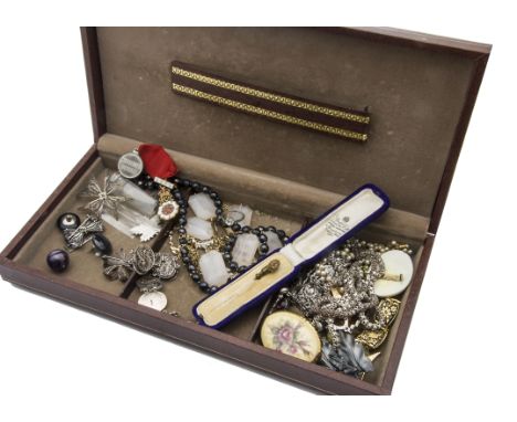 A collection of jewellery and other items, including a stick pin in case, some silver and white metal jewels, a Victorian ivo