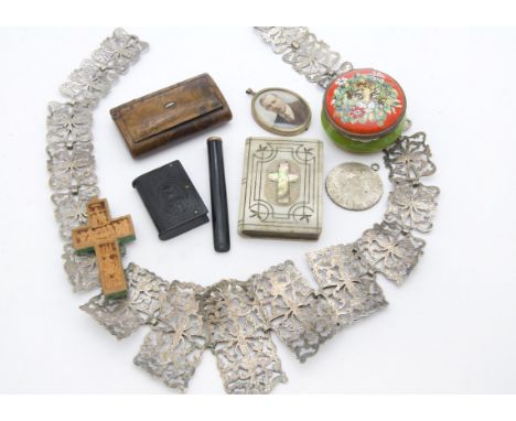 Eight Victorian and later works of art, including a silver plated belt, a marble and inlaid Bible, a walnut snuff box, Edward