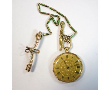 Craighead & Webb (retailer) - A mid/late 19th century lady's miniature 18ct gold open face fob watch, the gold coloured dial 