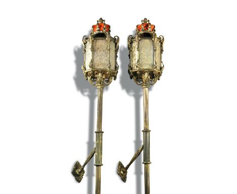 A pair of Italian gilt metal gondola lights and lantern en suite, the bevelled glass sides of the crowned lantern topped pole