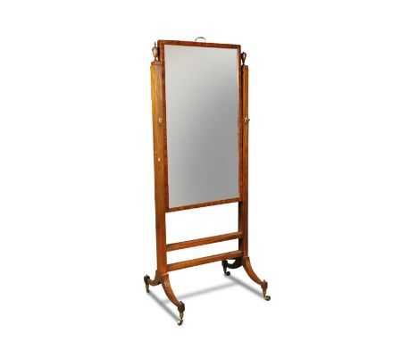 A George III mahogany cheval mirror, height adjustable plate with tambour slide mechanism encased within the frame, urn finia