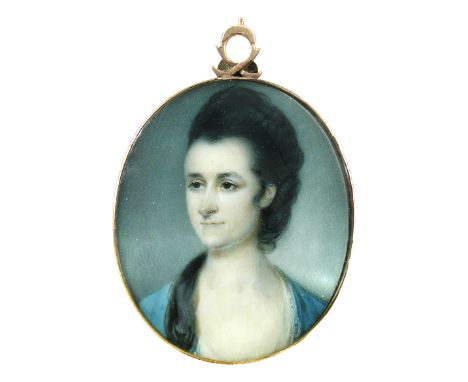 Richard Crosse (British, 1742-1810) Portrait miniature on ivory of a woman with long black hair wearing a blue dress in an ov