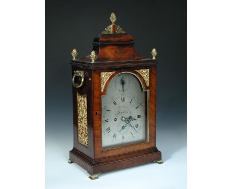 Robert Wood, London, a George III mahogany bracket clock, the inverted bell top case with gilt brass finial and four pineappl