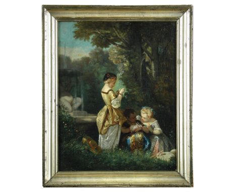 French School (19th Century)  A mother with her children playing with white rabbits in a garden oil on canvas 40 x 31cm (16 x