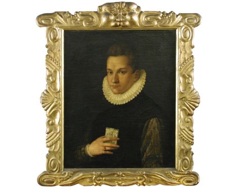 Bolognese School (circa 1600)  Portrait of a young man, half length, in a ruff and black doublet with velvet sleeves, holding