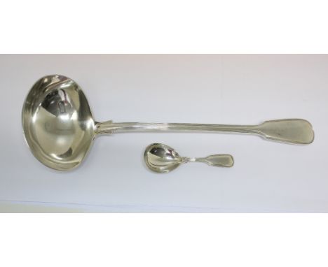 A Victorian silver fiddle and thread pattern soup ladle, by William Eaton, London 1842, 34.25cm, 10.09oz together with a matc