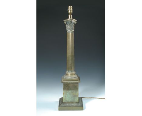 A Corinthian column brass table lamp, raised on a stepped plinth base 63cm (25in) 