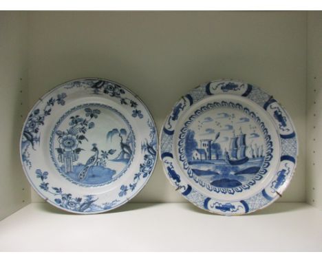 A mid 18th century Delft blue and white dish, possibly London and another possibly Liverpool, the centre of the first painted