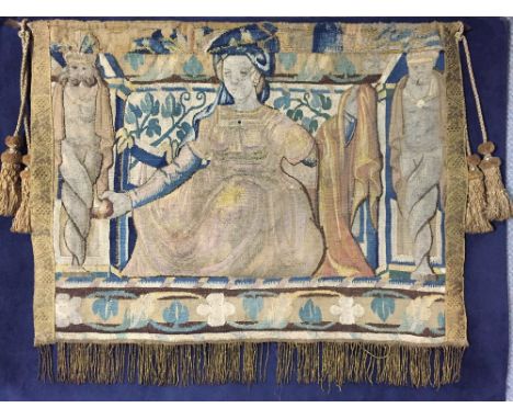 An 18th century tapestry fragment, the arrow ended banner rail above the tasselled textile worked with a seated renaissance l
