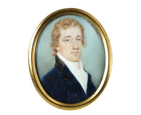 English School (19th Century) Portrait miniature on ivory of a young gentleman wearing a blue coat and white stock, said to b