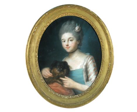 French School (18th Century)  Portrait of a young girl with a Pekinese pastel 54 x 43cm (21 x 17in) Dirt under the glass and 