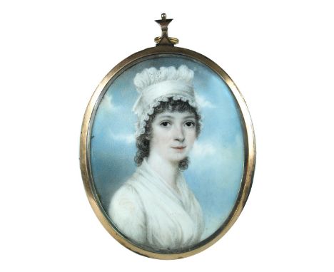 Nathaniel Plimer (British, 1757-1822) Portrait miniature on ivory of a young woman wearing a white dress and a mob cap in an 