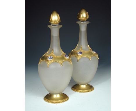 Leuchars, Piccadilly', a pair of ormolu mounted frosted glass decanters and stoppers, the shoulders of the globe and shaft sh