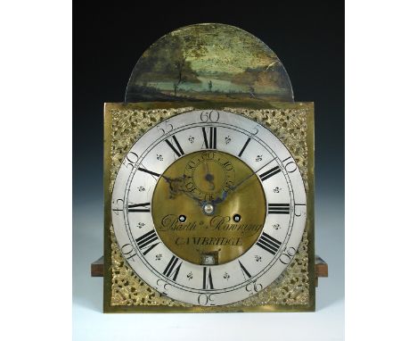 Bartholomew Rowning, Cambridge, an 18th century oak eight day longcase clock, the 12inch brass dial painted with a lakeland l