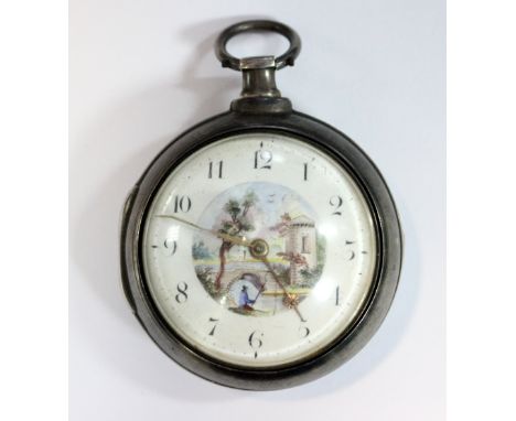 William Linsley - A George III silver pair cased pocket watch, the white enamel dial with Arabic numerals and painted to the 