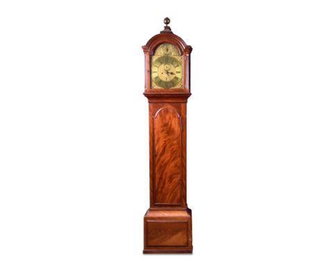 An 18th century mahogany eight day longcase clock, the break arch case with central ball finial, 12inch brass dial with strik