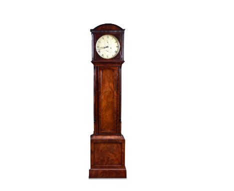 A Regency mahogany longcase clock, signed William Okey, Clerkenwell, London, the circular silvered 12inch dial with subsidiar