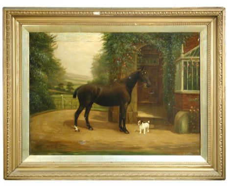 Henry Crowther (British, fl.1905-1939) A dark bay hunter and a Jack Russell terrier before a country house signed lower left 