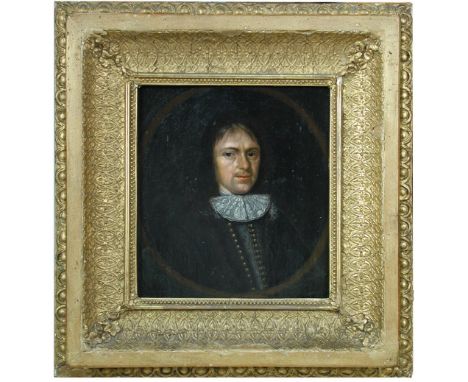 Dutch School (17th Century)  Portrait of a man, head and shoulders, wearing a fan-shaped lace jabot, in a painted oval signed