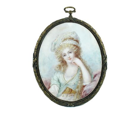 French School  (circa 1900) Portrait miniature of Mademoiselle Madeleine-Pauline Dacruet watercolour on ivory, in a gilt leaf