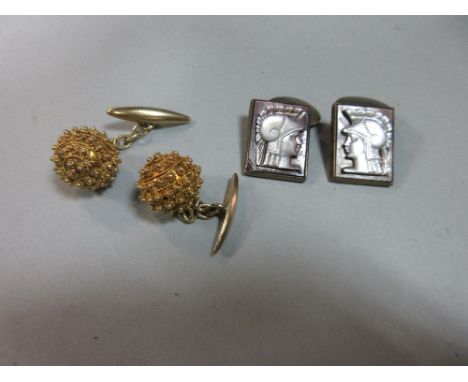 Two pairs of decorative cufflinks, the first of gilt bead and wirework in spherical form (diameter 1.4cm), with chain connect
