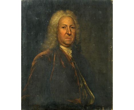 French Provincial School  (early 18th Century, circa 1740) Portrait of an elderly gentleman, half length, in a puce jacket oi