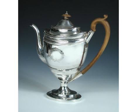 A George III silver coffee pot, by John Emes, London 1800, the tapering oval body with engraved banding and blind cartouches,