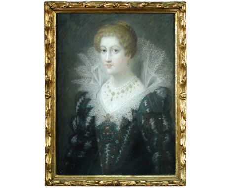 English School (18th Century)  Portrait of a lady in Van Dyke costume and a brooch with the Prince of Wales' feathers pastel 