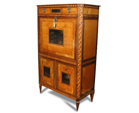 A late 18th century Dutch satinwood secretaire a abbatant, with neo-classical ribbon and swag inlaid decoration to centred in