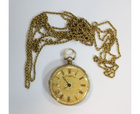 French - a Victorian 18ct gold cased lady's open face fob watch, the highly decorative three coloured gold matt finish dial w