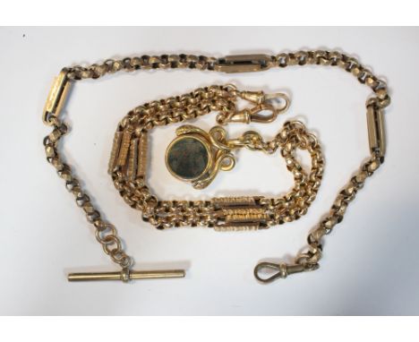 A Victorian 9ct gold belcher and baton link watch chain, each end mounted with a spring clip and with a bloodstone and cornel