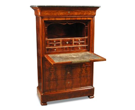 A 19th century Biedermeier mahogany marble top secretaire, with blind frieze drawer, fall front enclosing a writing desk, abo