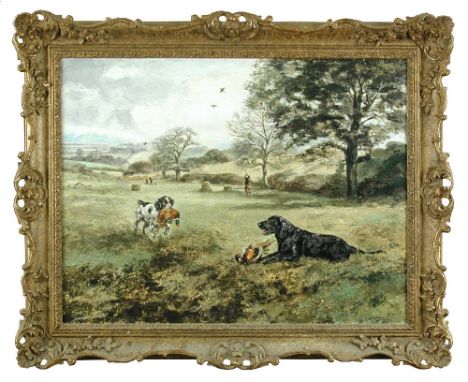 Henry Wilkinson, ARCA, ARE (British, 1921-2011) A Pheasant shoot - a springer spaniel and a black flat-coat retriever retriev