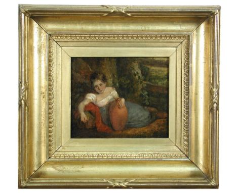 Circle of George Chinnery (British, 1774-1852) A young girl lying on a bank, holding a water pitcher oil on panel 12 x 15cm (